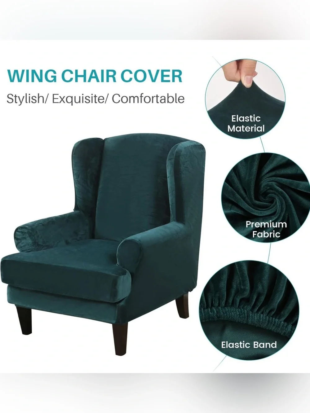 Pair deep teal wing chair velvet covers (2)
